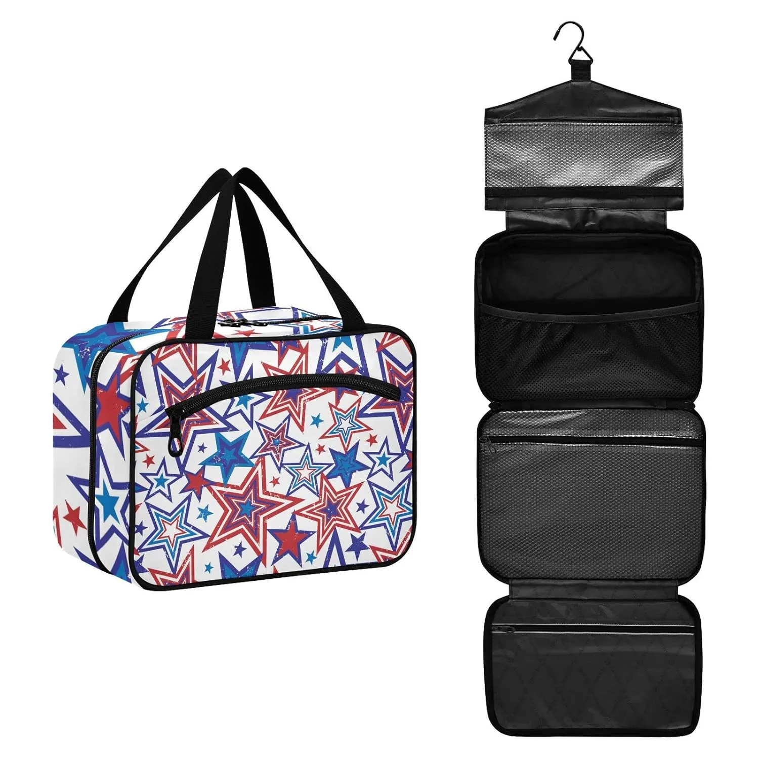 American Blue Red Stars July 4th Seamless on White 1 PC Hanging Travel Wash bag with Handles, Portable Makeup Organizer Brush Storage Case Portable Travel Cosmetic with Hook L