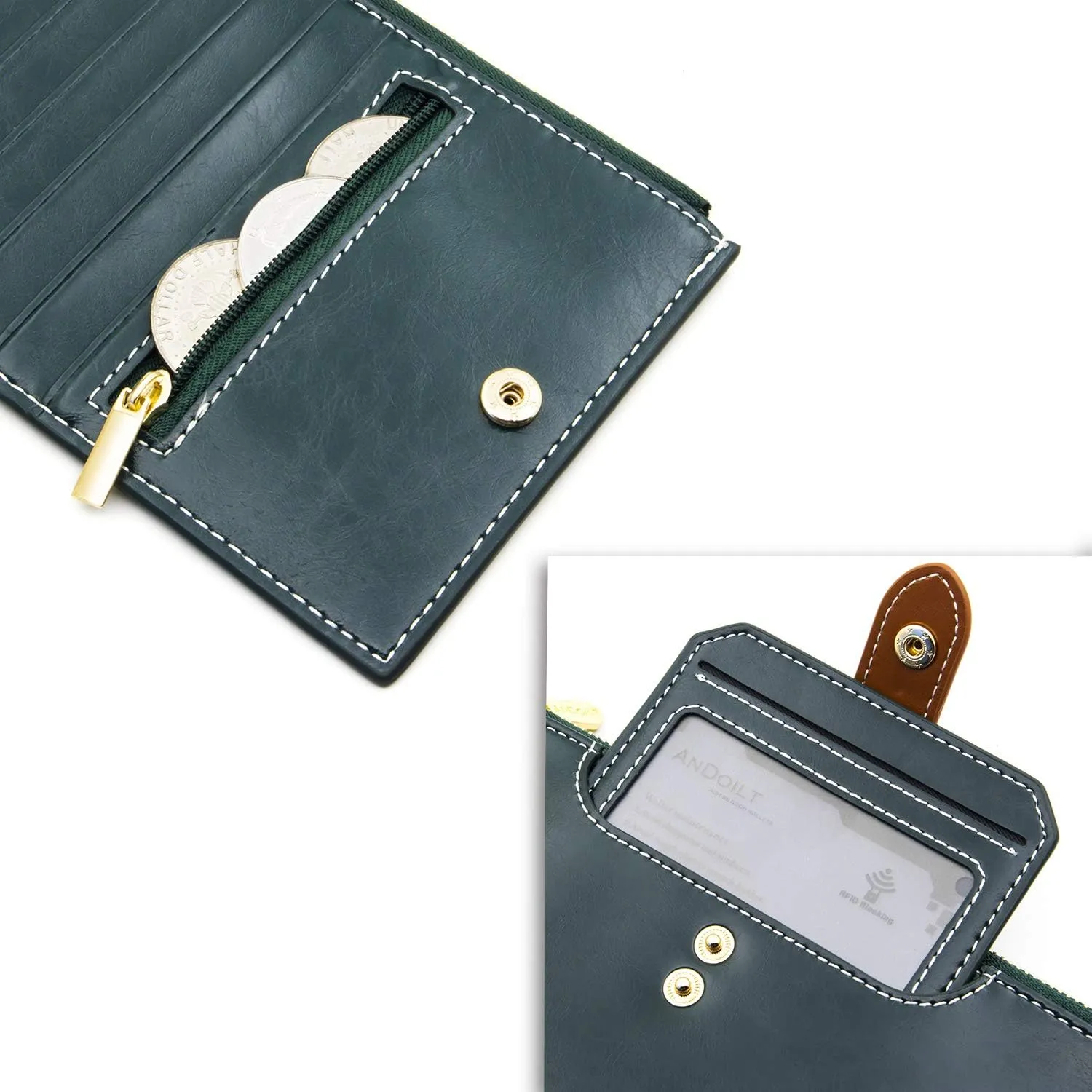 ANDOILT Wallets for Women Genuine Leather Wallet RFID Blocking Bifold Multi Card Case Purse with Zipper Pocket Handbag