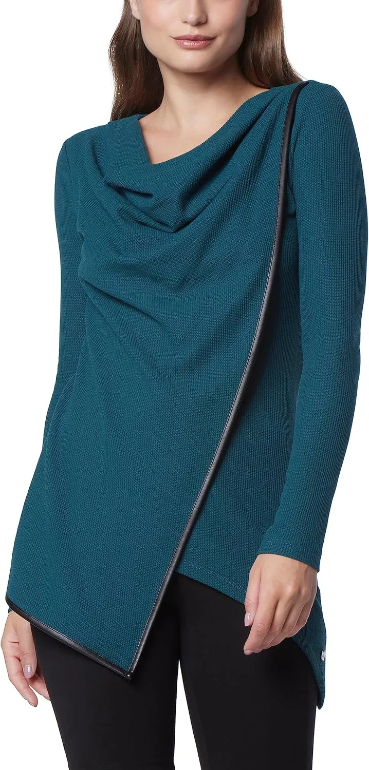Andrew Marc Women's Long Sleeve Asymmetrical Thermal Tunic with Faux Leather Trim