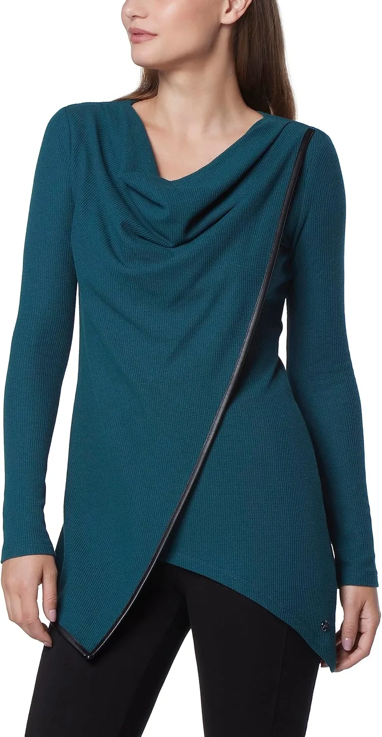 Andrew Marc Women's Long Sleeve Asymmetrical Thermal Tunic with Faux Leather Trim