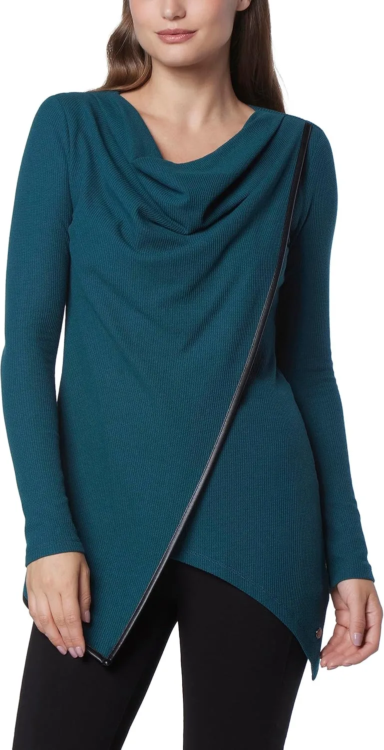 Andrew Marc Women's Long Sleeve Asymmetrical Thermal Tunic with Faux Leather Trim