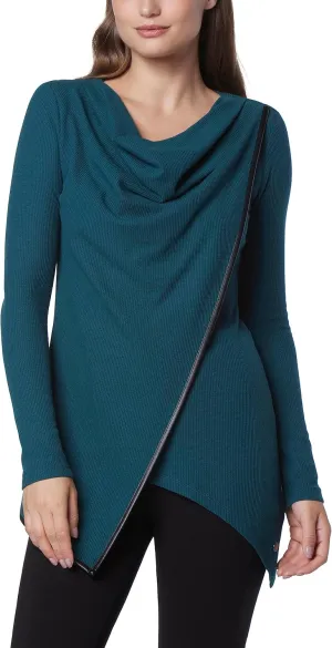 Andrew Marc Women's Long Sleeve Asymmetrical Thermal Tunic with Faux Leather Trim