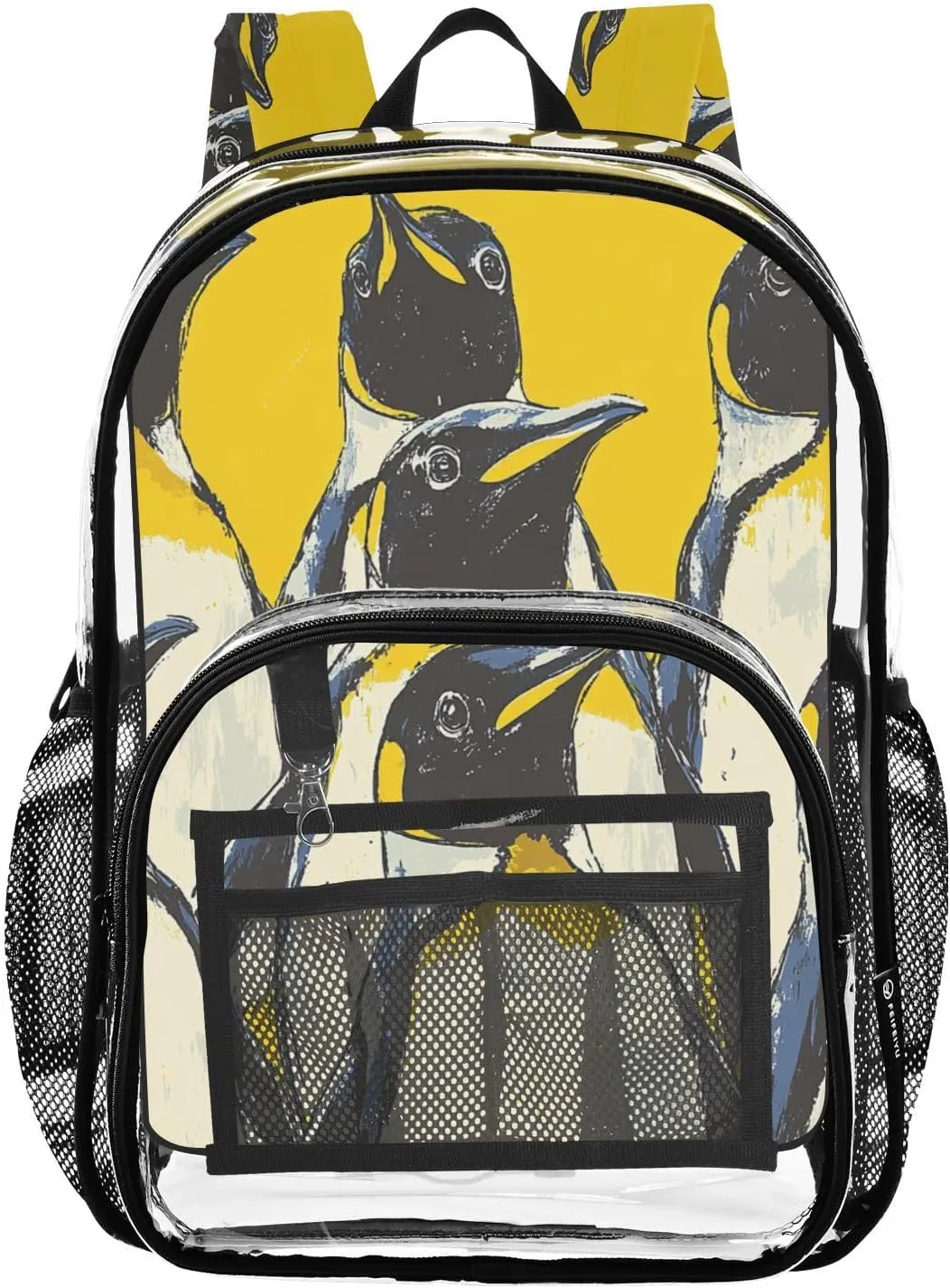 Animals Kids PVC Clear Backpack Emperor Penguin Yellow Heavy Duty Multi-pockets Large Capacity Transparent See Through Bookbag for School Travel Sport Work