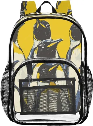 Animals Kids PVC Clear Backpack Emperor Penguin Yellow Heavy Duty Multi-pockets Large Capacity Transparent See Through Bookbag for School Travel Sport Work