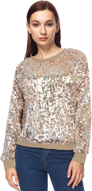 Anna-Kaci Women's Glitter Sequin Sweatshirt Long Sleeve Pullover Tops with Ribbed Cuffs
