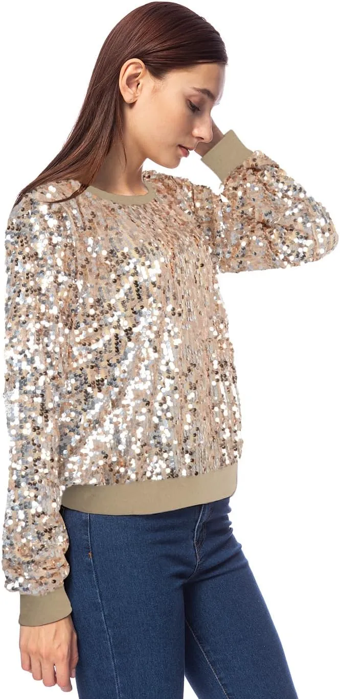 Anna-Kaci Women's Glitter Sequin Sweatshirt Long Sleeve Pullover Tops with Ribbed Cuffs