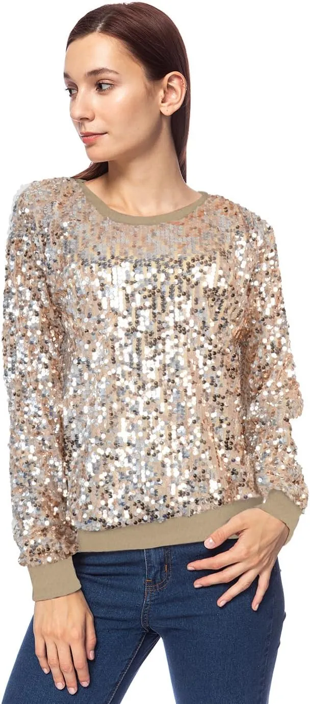 Anna-Kaci Women's Glitter Sequin Sweatshirt Long Sleeve Pullover Tops with Ribbed Cuffs