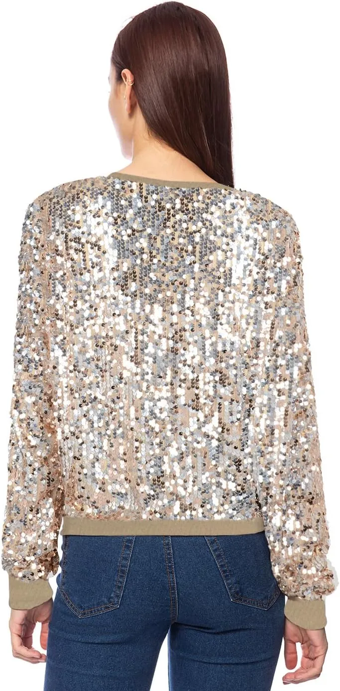 Anna-Kaci Women's Glitter Sequin Sweatshirt Long Sleeve Pullover Tops with Ribbed Cuffs