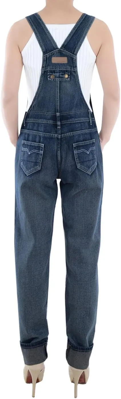 Anna-Kaci Womens Vintage Wash Straight Leg Denim Overalls With Pocket Bib