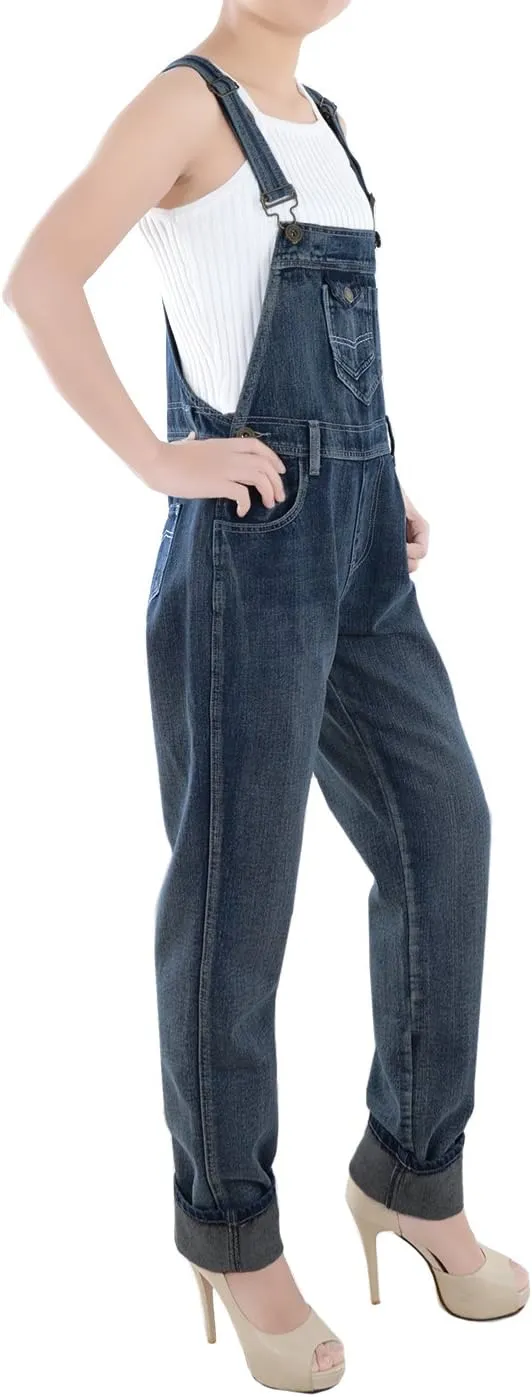 Anna-Kaci Womens Vintage Wash Straight Leg Denim Overalls With Pocket Bib