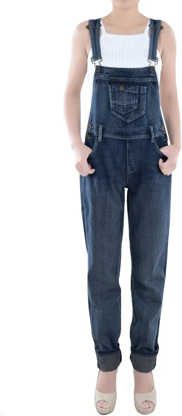 Anna-Kaci Womens Vintage Wash Straight Leg Denim Overalls With Pocket Bib