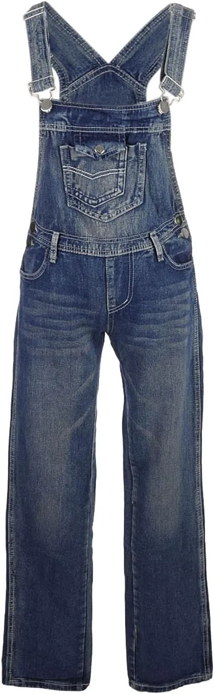 Anna-Kaci Womens Vintage Wash Straight Leg Denim Overalls With Pocket Bib