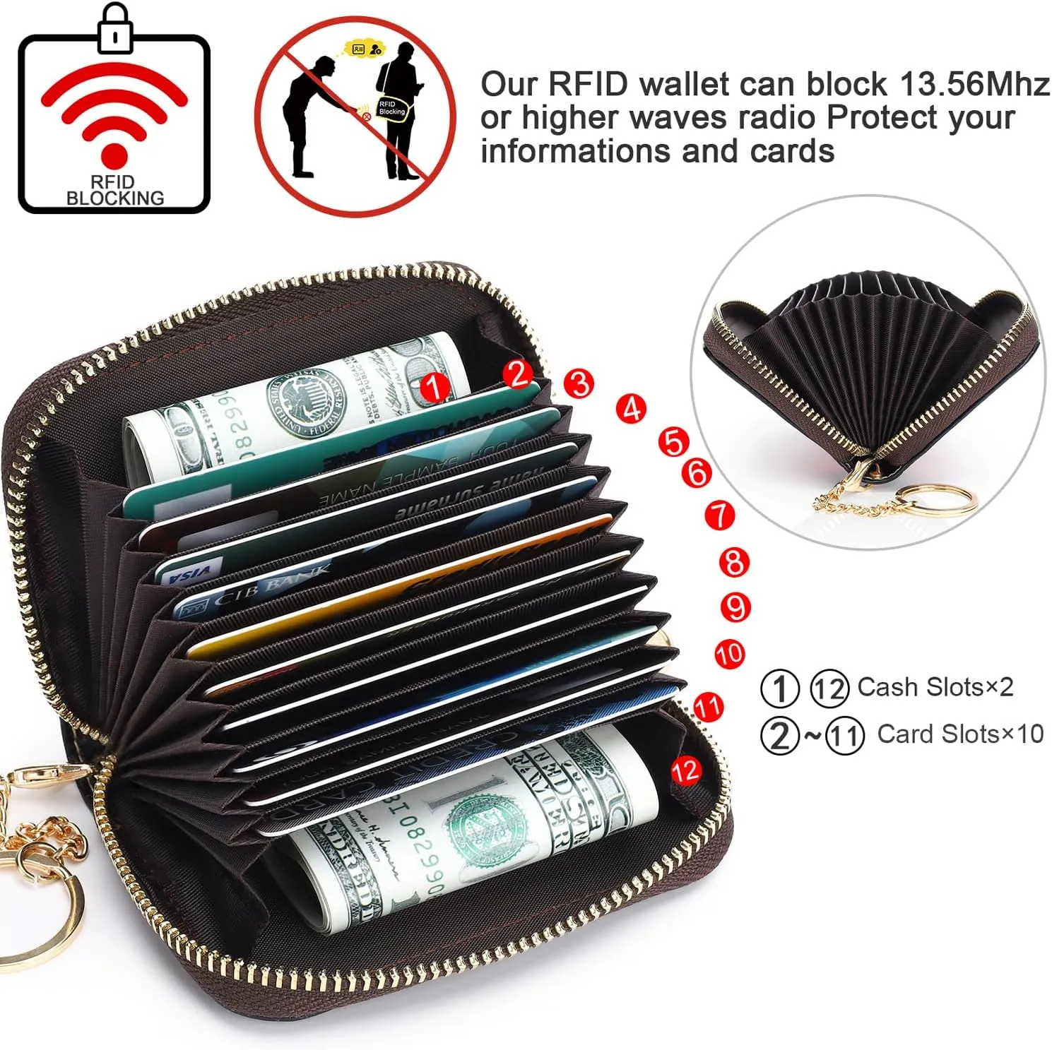 APHISON RFID Credit Card Holder Wallets for Women Leather Zipper Card Case for Ladies Keychain Wallet
