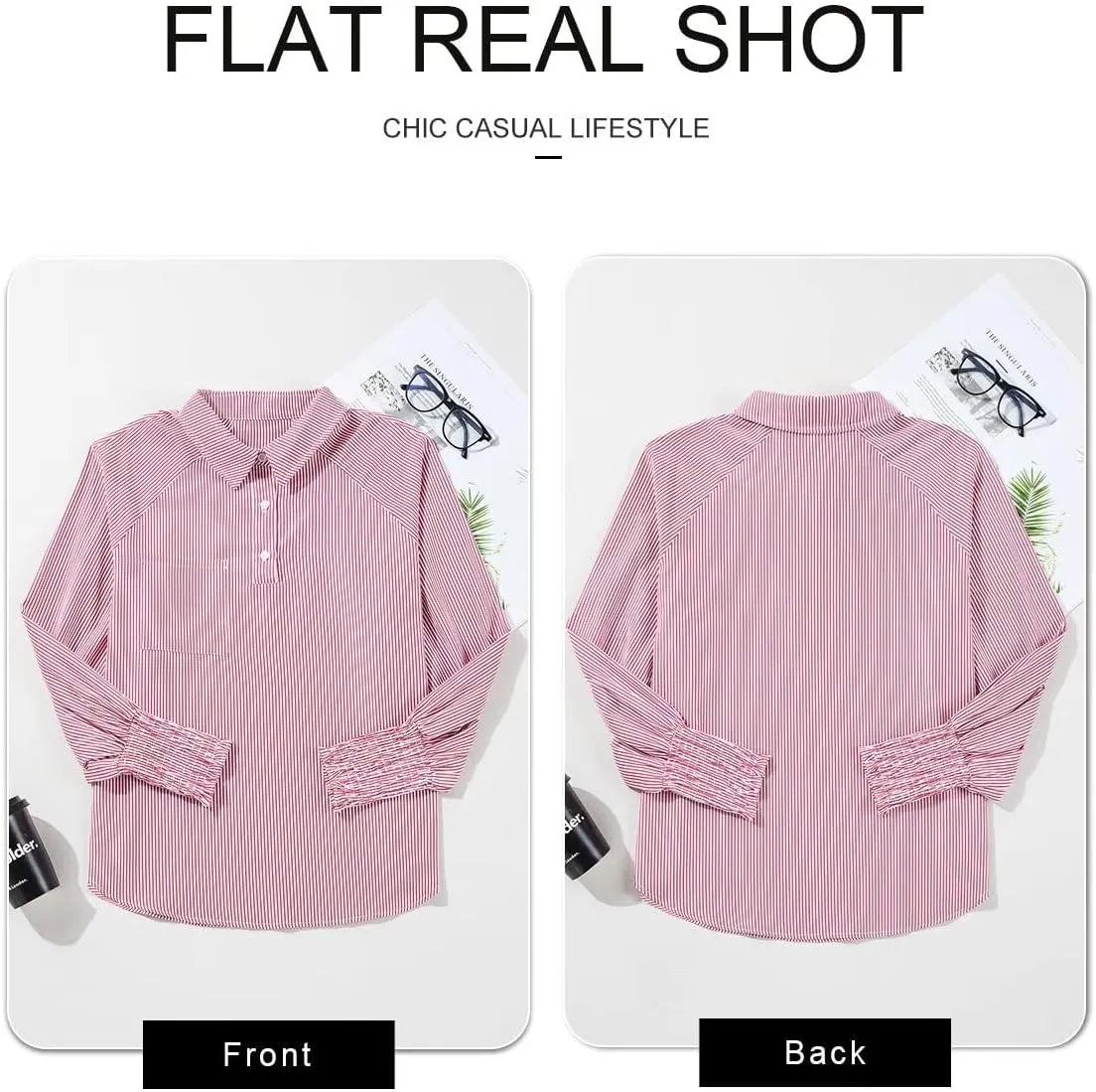 Astylish Women 2025 Fine Striped Smocked Cuffed Henley Shirts Long Sleeve Collared Blouse Tops with Pocket