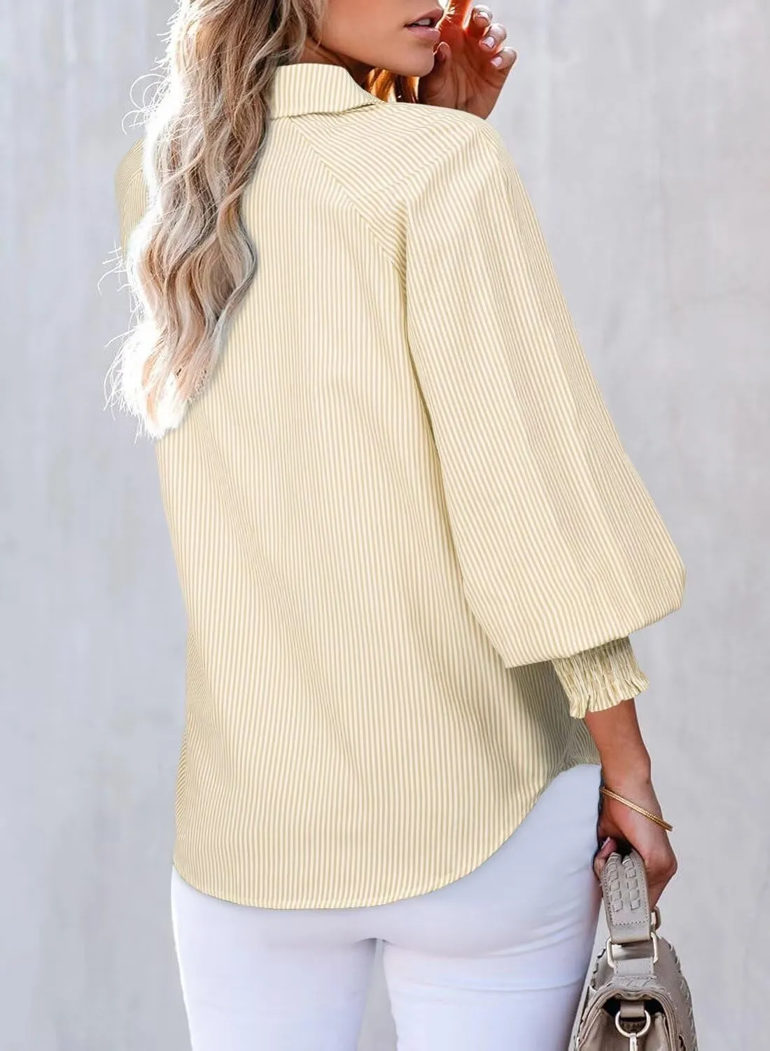 Astylish Women 2025 Fine Striped Smocked Cuffed Henley Shirts Long Sleeve Collared Blouse Tops with Pocket