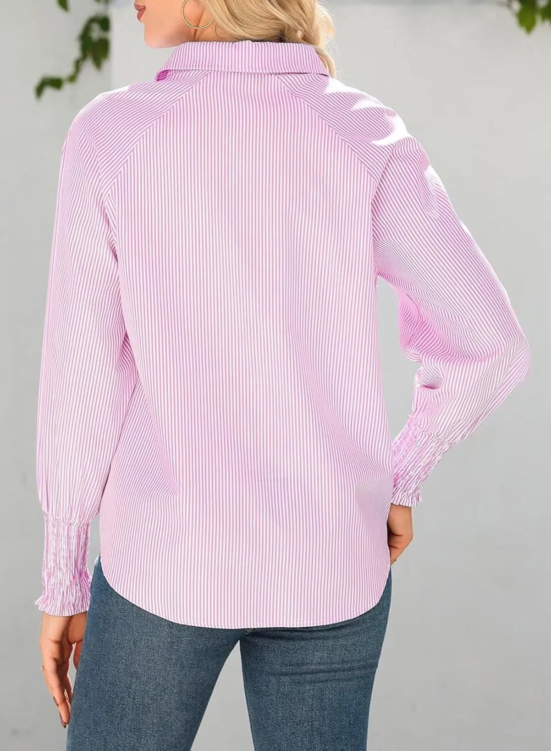 Astylish Women 2025 Fine Striped Smocked Cuffed Henley Shirts Long Sleeve Collared Blouse Tops with Pocket