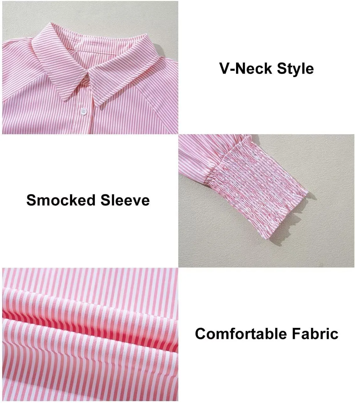 Astylish Women 2025 Fine Striped Smocked Cuffed Henley Shirts Long Sleeve Collared Blouse Tops with Pocket