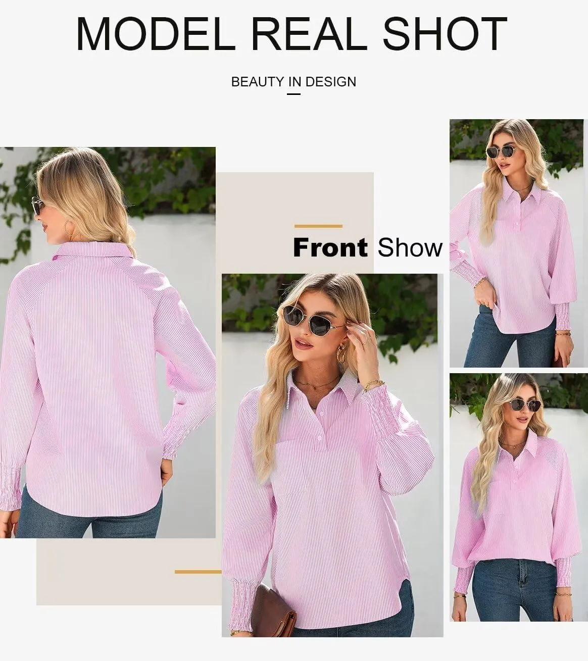 Astylish Women 2025 Fine Striped Smocked Cuffed Henley Shirts Long Sleeve Collared Blouse Tops with Pocket