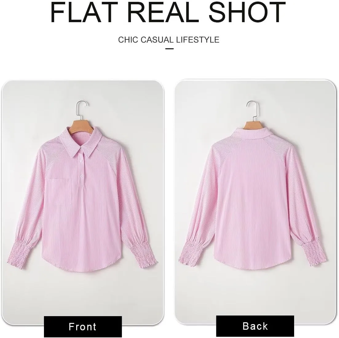 Astylish Women 2025 Fine Striped Smocked Cuffed Henley Shirts Long Sleeve Collared Blouse Tops with Pocket