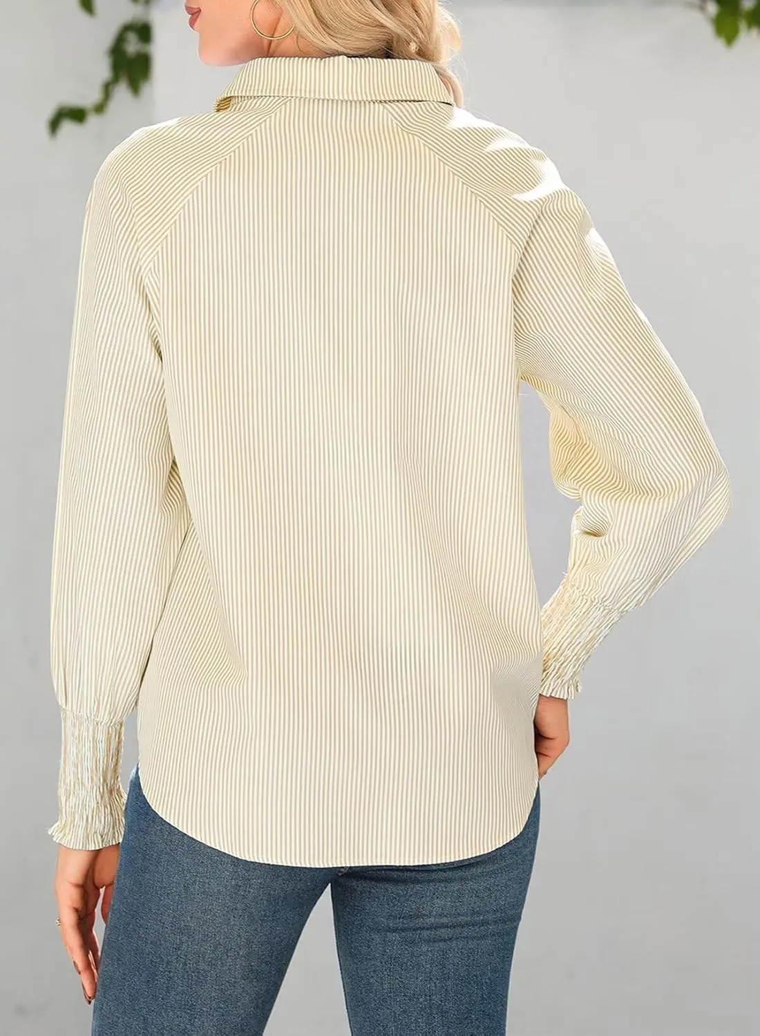 Astylish Women 2025 Fine Striped Smocked Cuffed Henley Shirts Long Sleeve Collared Blouse Tops with Pocket