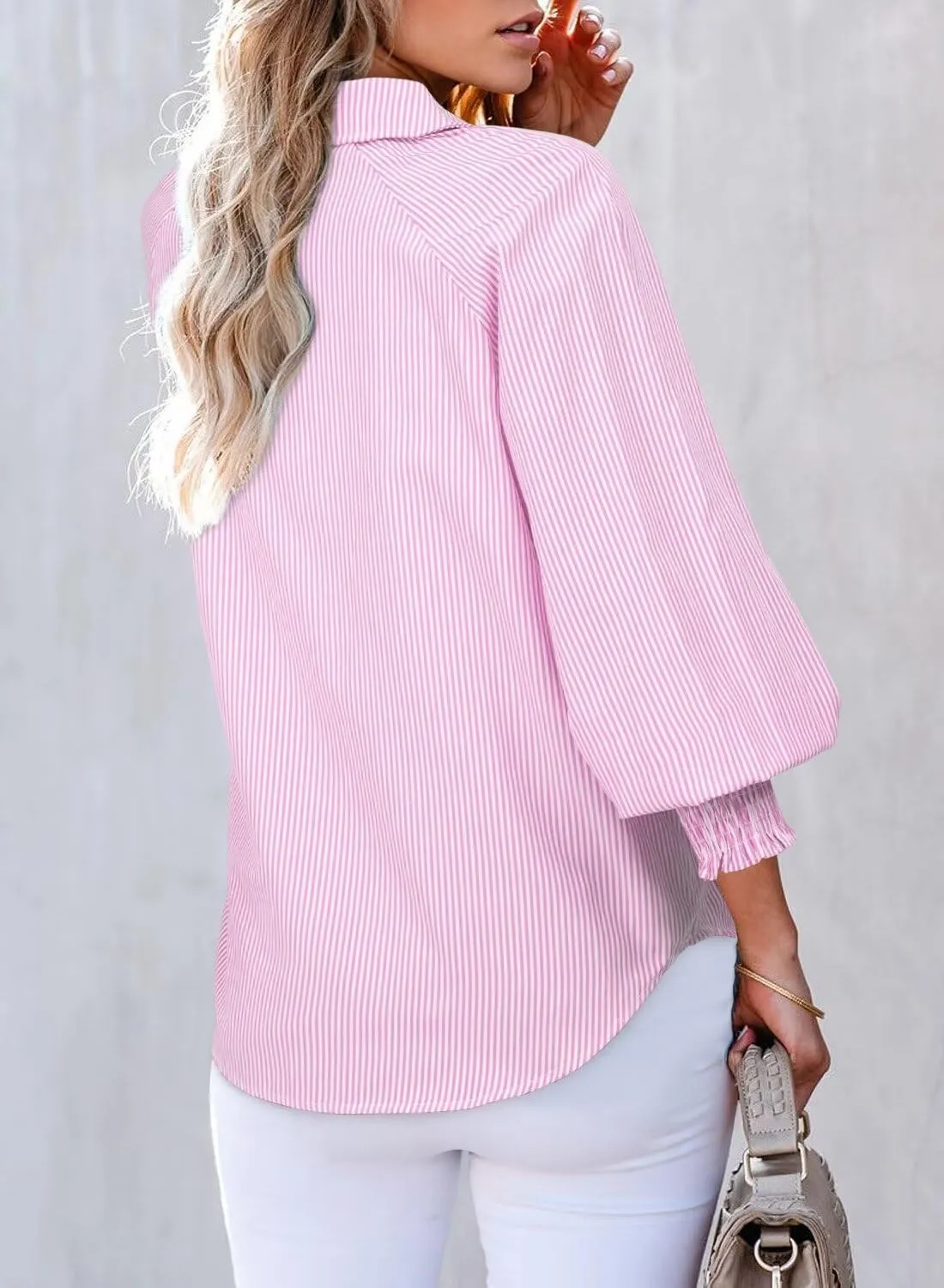 Astylish Women 2025 Fine Striped Smocked Cuffed Henley Shirts Long Sleeve Collared Blouse Tops with Pocket