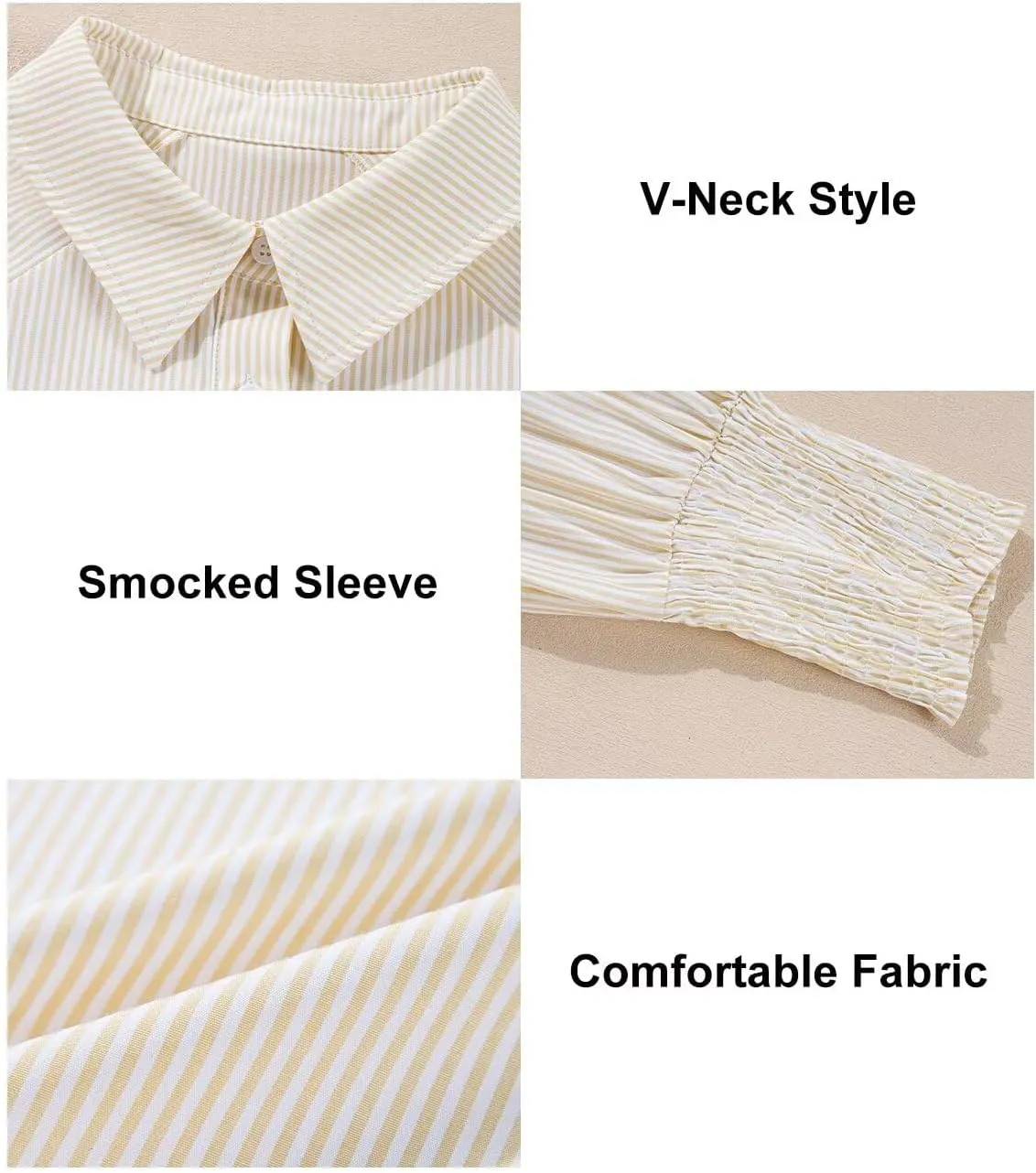 Astylish Women 2025 Fine Striped Smocked Cuffed Henley Shirts Long Sleeve Collared Blouse Tops with Pocket