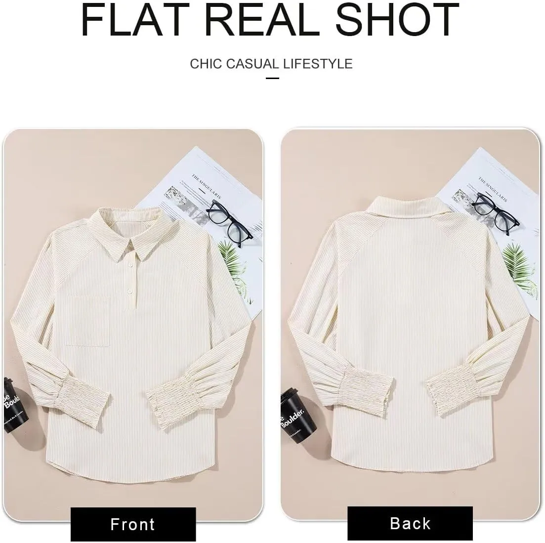 Astylish Women 2025 Fine Striped Smocked Cuffed Henley Shirts Long Sleeve Collared Blouse Tops with Pocket
