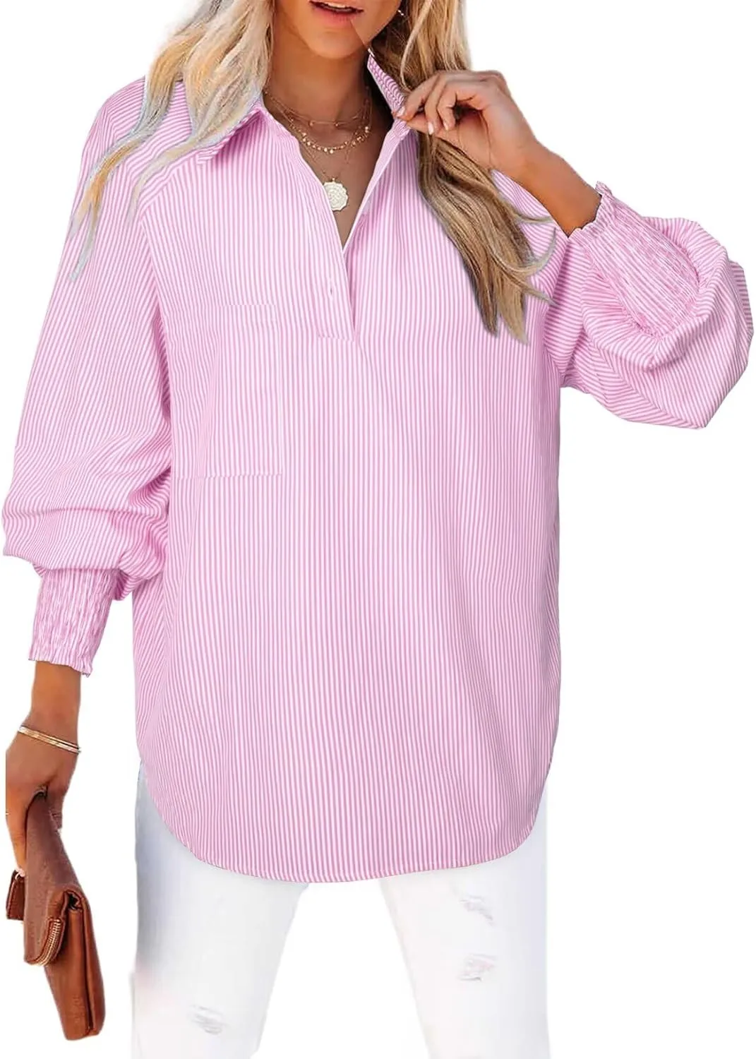Astylish Women 2025 Fine Striped Smocked Cuffed Henley Shirts Long Sleeve Collared Blouse Tops with Pocket