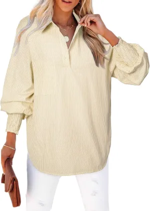 Astylish Women 2025 Fine Striped Smocked Cuffed Henley Shirts Long Sleeve Collared Blouse Tops with Pocket
