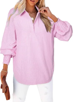 Astylish Women 2025 Fine Striped Smocked Cuffed Henley Shirts Long Sleeve Collared Blouse Tops with Pocket