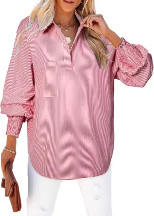 Astylish Women 2025 Fine Striped Smocked Cuffed Henley Shirts Long Sleeve Collared Blouse Tops with Pocket