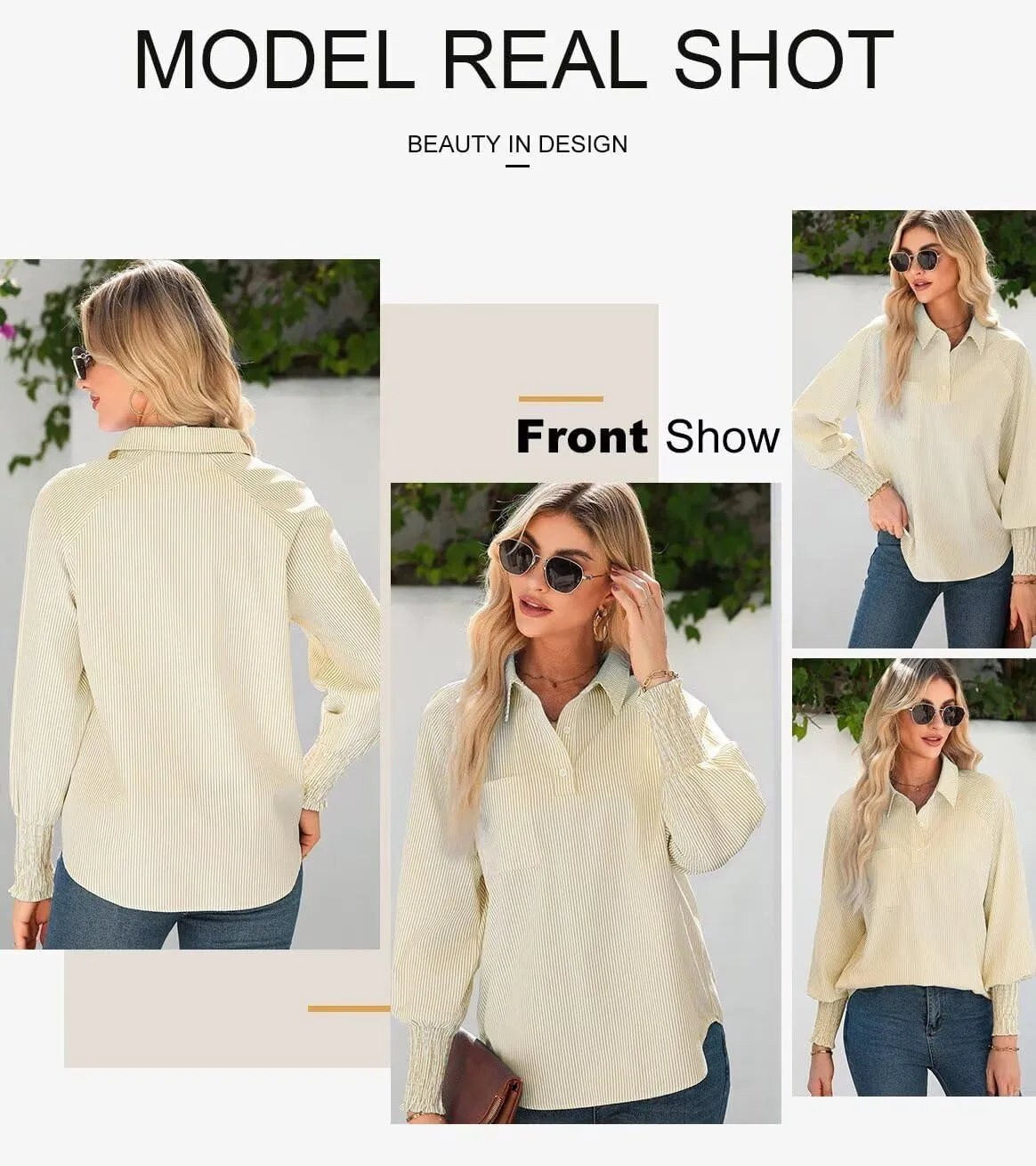 Astylish Women 2025 Fine Striped Smocked Cuffed Henley Shirts Long Sleeve Collared Blouse Tops with Pocket