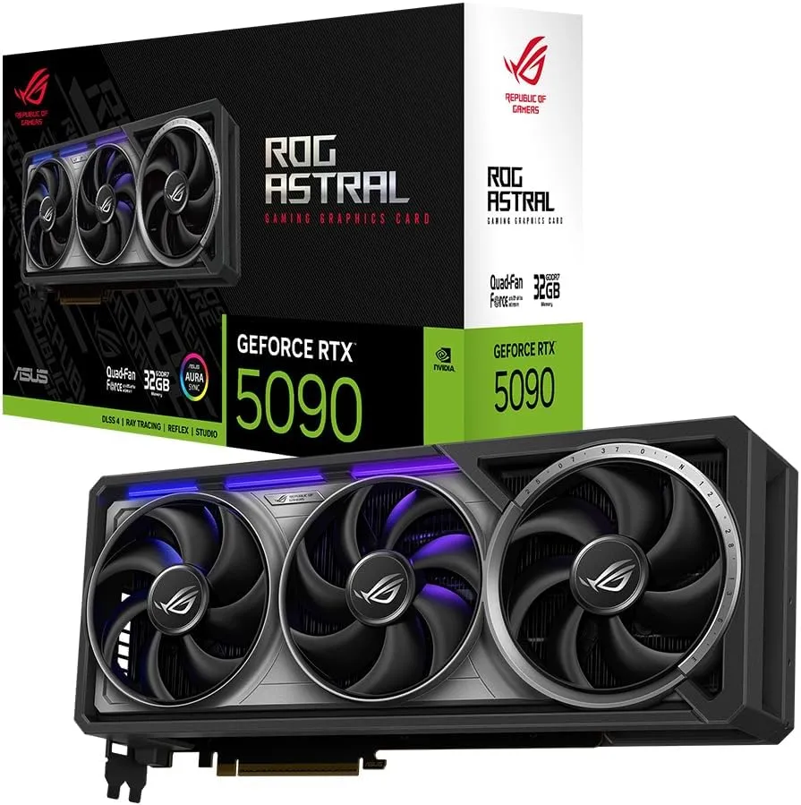 Asus ROG Astral GeForce RTX 5090 32GB GDDR7 Gaming Graphics Card (Nvidia GeForce RTX5090, Four Fans, 3.8 Slot Design, PCIe 5.0, 2X HDMI 2.1b, 3X DisplayPort 2.1a, ROG-ASTRAL-RTX5090-32G-GAMING)