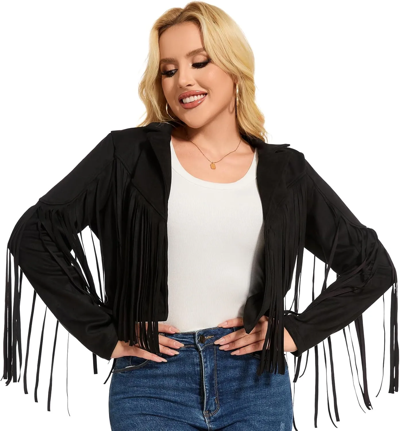 ATAMET 70s Women's Fringe Jackets Faux Suede Leather 60s Party Clothes, Halloween 2025 Fashion Tassel Motorcycle Coats