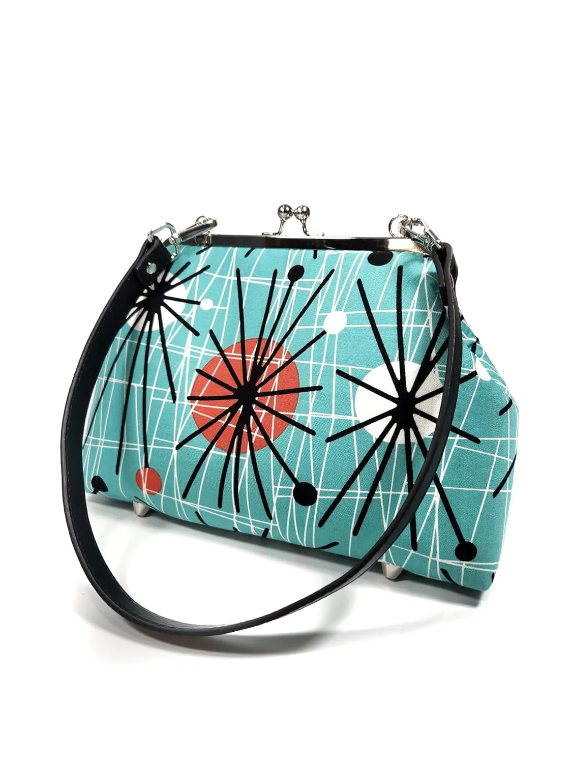 Atomic Turquoise Midcentury Modern Kisslock Purse, Shoulder Bag, Crossbody Bag, Gift for Her (17 Inch Handbag Strap)