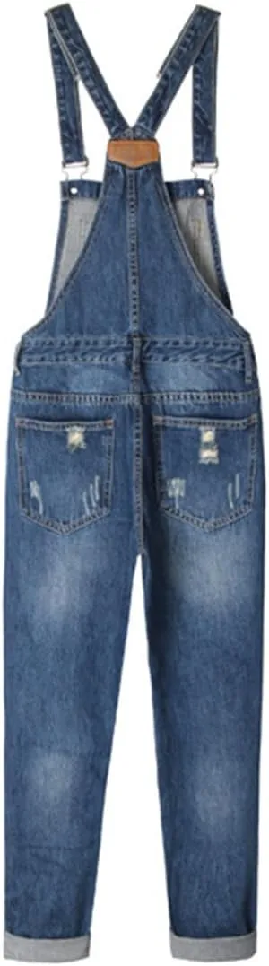 AvaCostume Women's Adjustable Strap Ripped Denim Overalls