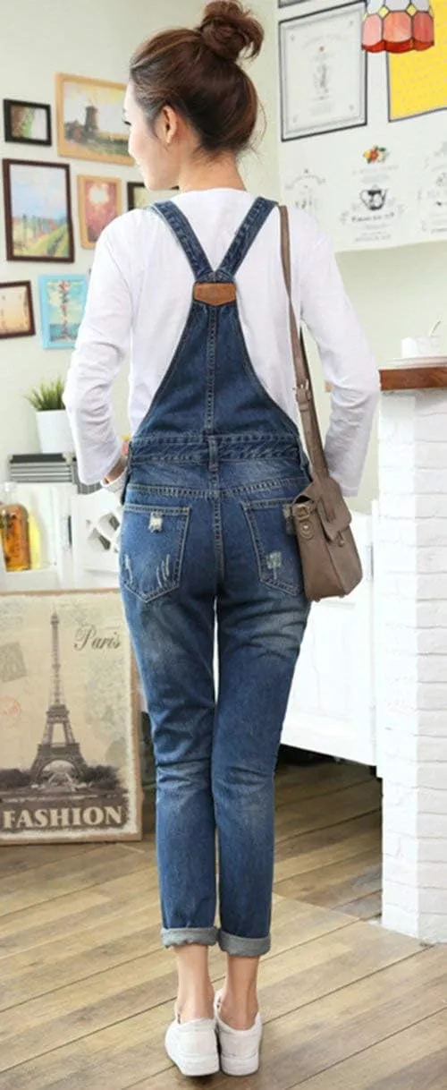AvaCostume Women's Adjustable Strap Ripped Denim Overalls
