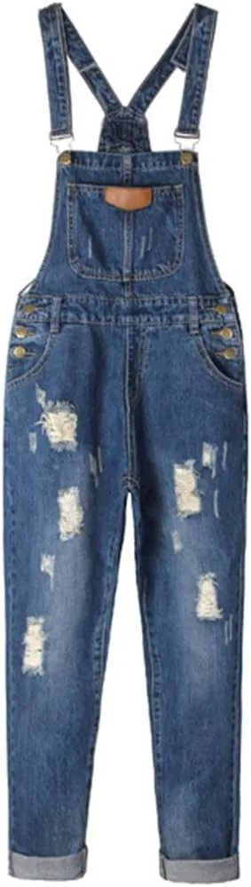 AvaCostume Women's Adjustable Strap Ripped Denim Overalls