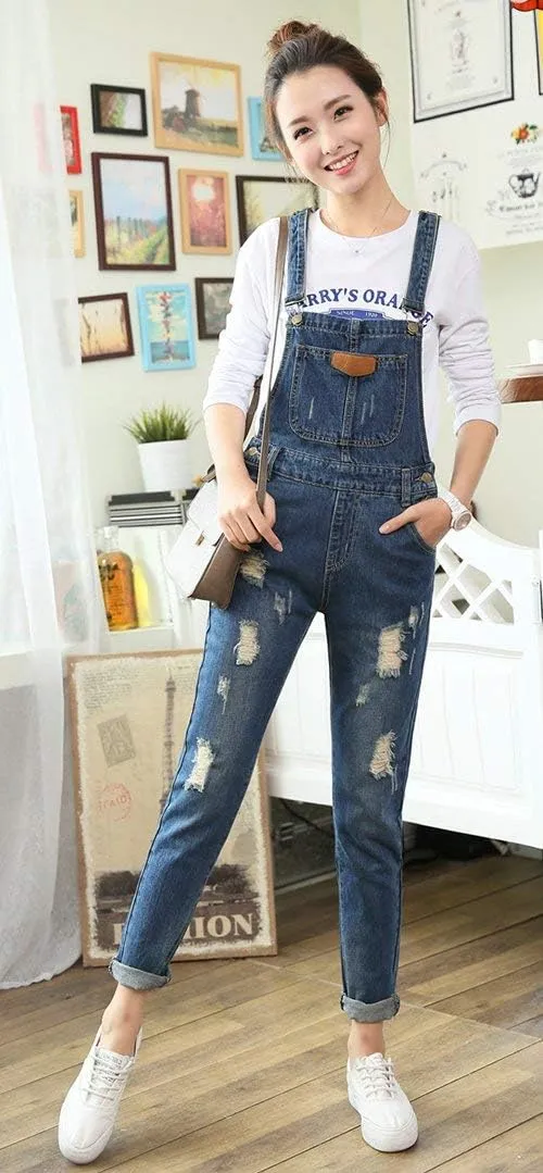 AvaCostume Women's Adjustable Strap Ripped Denim Overalls