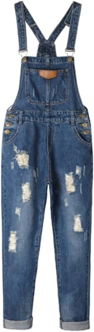 AvaCostume Women's Adjustable Strap Ripped Denim Overalls