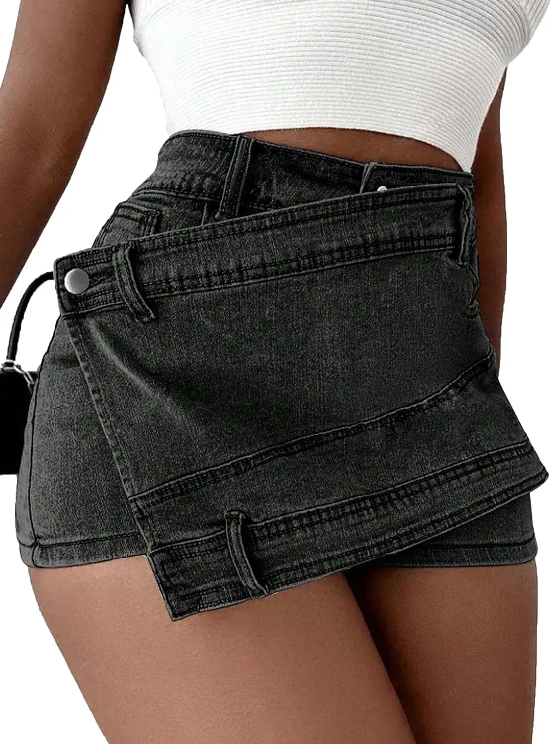 Avanova Women Jean Denim Skort Sexy High Waisted Asymmetrical Short Mini Skirt