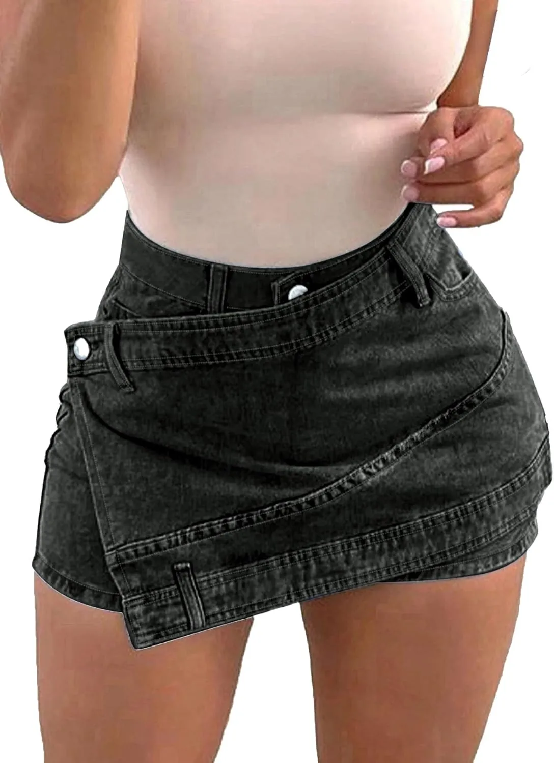 Avanova Women Jean Denim Skort Sexy High Waisted Asymmetrical Short Mini Skirt