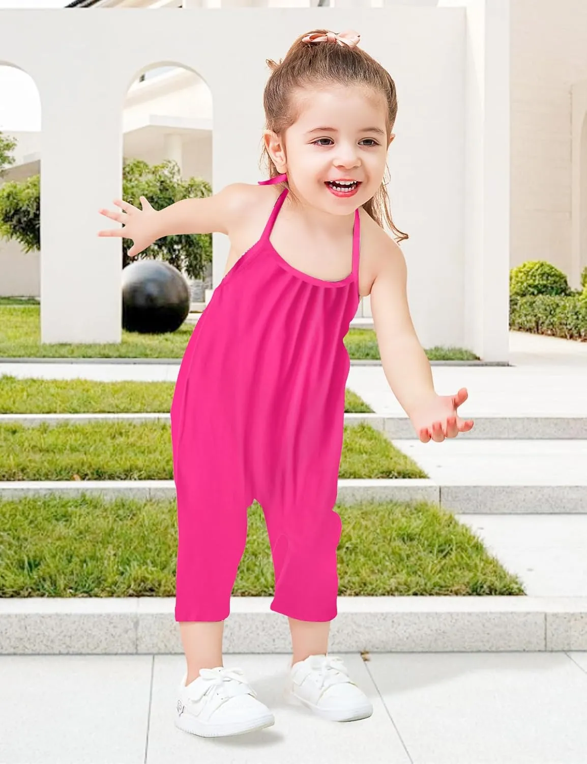 Backless Strap Slouch Jumpsuit for Toddler Girls Cute Harem Halter Romper Pants with Pockets