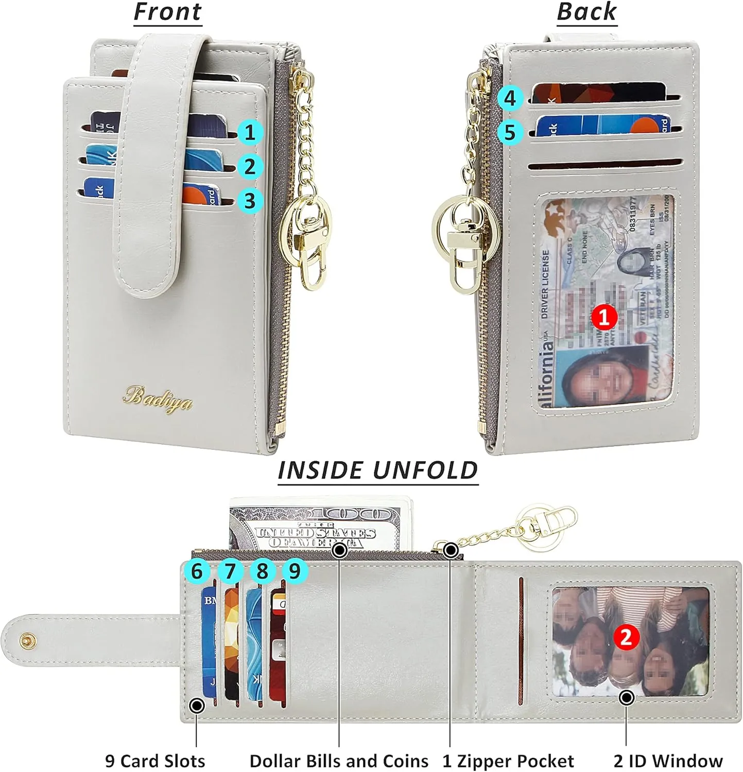 Badiya RFID Card Holder Wallet for Women Slim Wallets Bifold Multi Card Case Zipper Coin Purse