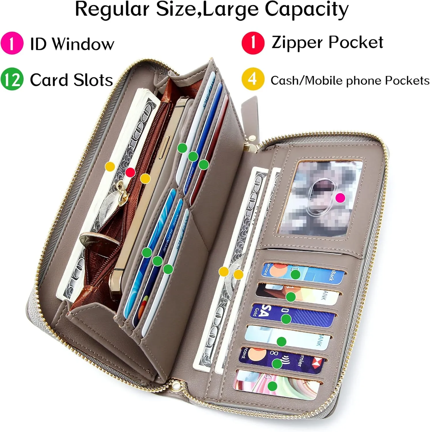Badiya Womens Wallet Credit Card Holder RFlD Blocking Leather Zip Around Wallets Large Capacity Wristlet