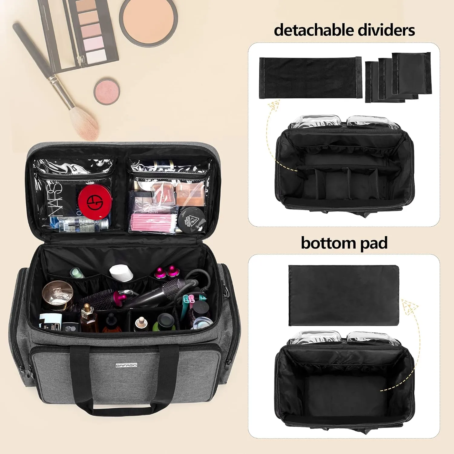 BAFASO Large Makeup Bag Cosmetic Bag with Removable Dividers, Travel Makeup Case Holds Cosmetics and Hair Supplies, Gray