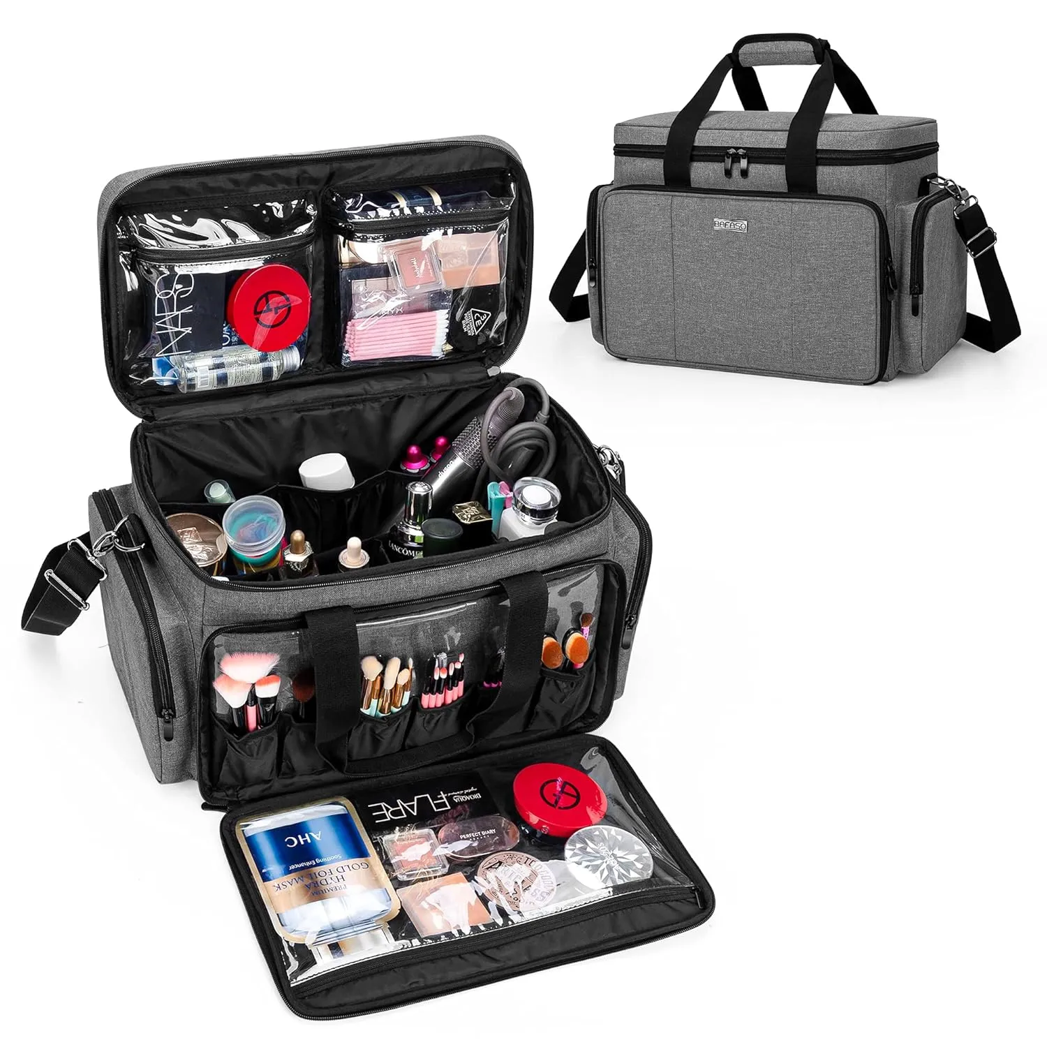 BAFASO Large Makeup Bag Cosmetic Bag with Removable Dividers, Travel Makeup Case Holds Cosmetics and Hair Supplies, Gray
