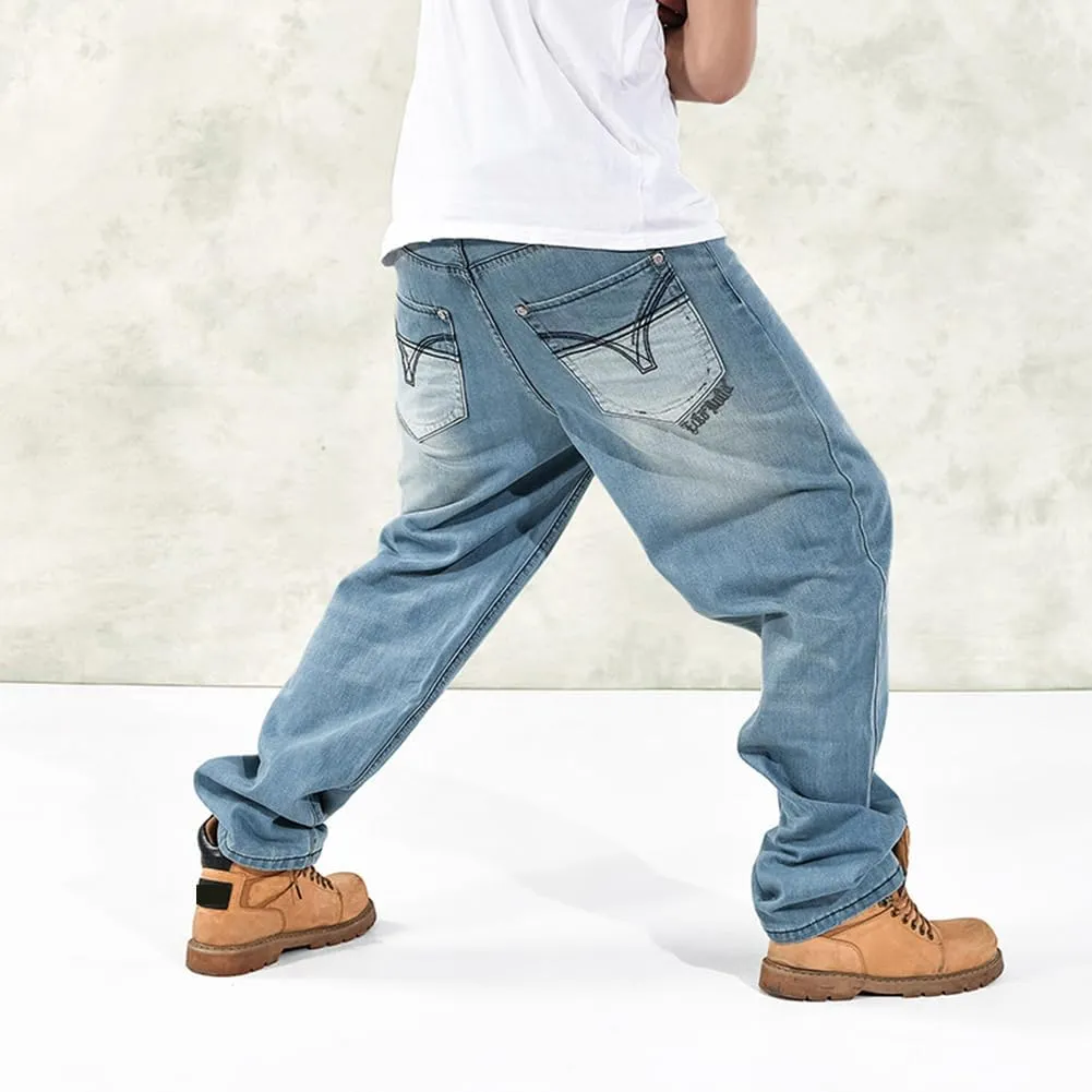 Baggy Jeans Men Dark Blue Vintage Straight Leg Skater Jeans