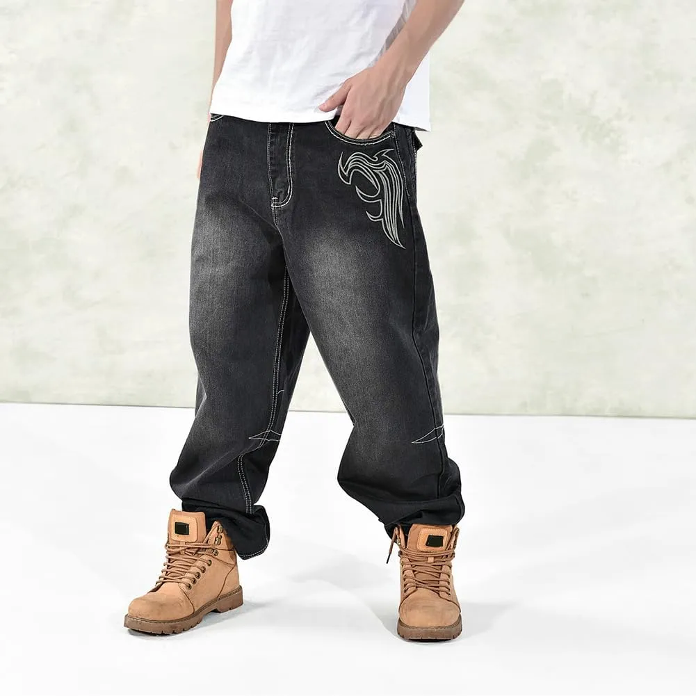 Baggy Jeans Men Dark Blue Vintage Straight Leg Skater Jeans