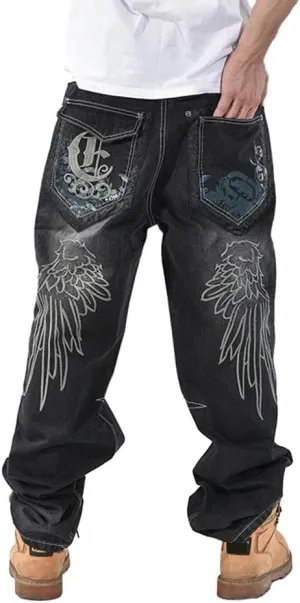 Baggy Jeans Men Dark Blue Vintage Straight Leg Skater Jeans